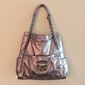 B Makowsky Metallic Silver Shoulder Tote Bag